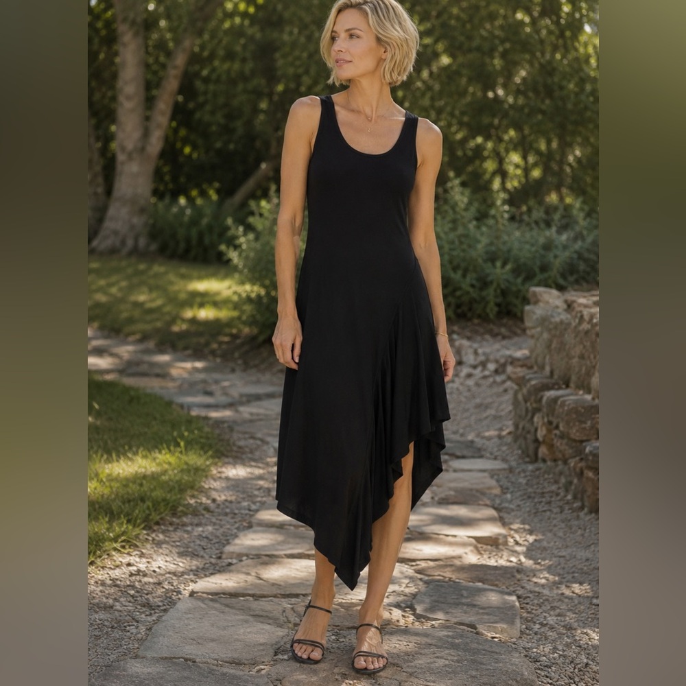 KAREN KANE Black Sleeveless‎ Pull-over Dress USA Asymmetrical Geo Swing Hem Sm